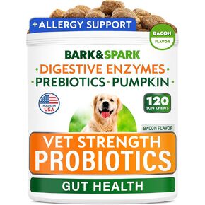 Vet Strength Dog Probiotics Chews - Gas, Diarrhea, Allergy, Constipation, Upset Stomach Relief, with Digestive Enzymes + Pumpkin + Prebiotics - Chewable Fiber Supplement - Improve Digestion, Immunity