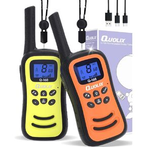 Kids Walkie Talkies 2 Pack, Rechargeable Walkie Talkies Toy for 3-12 YrO Boys, Long Range Walkie Talkie with 22 Channels & Flashlight Birthday Gifts for Kids Outdoor Adventure (1Orange1Yellow)