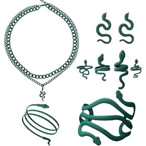 Huquary 8 Pcs Halloween Snake Jewelry for Women, Egypt Style Snake Jewelry Snake Necklace Earrings Armband Bracelet Rings