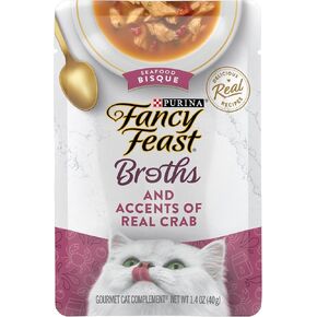 Purina Fancy Feast Grain Free Cat Food Complements, Broths Seafood Bisque & Accents of Real Crab - (16) 1.4 oz. Pouches