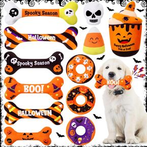 12 Pcs Halloween Dog Toys Set Halloween Bone Pumpkin Candy Corn Donut Skull Plush Toys Dog Squeaky Plush Toy Interactive Puppy Stuffed Toys for Small Medium Dogs