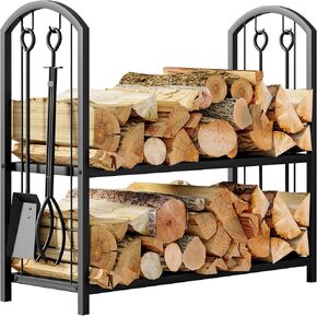 Fire Beauty Fireplace Firewood Log Rack 5-Piece Storage Logs Holder with Tools Set with 4 Tools Set Fireside Holders Wood Lumber Storage Stacking Black