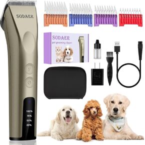 Professional Animal Pet Dog Cat and Horse Cordless Hair Clipper Grooming Kit with 5 in 1 Blade Low Noise & High Power Rechargeable Cordless Pet Grooming Clipper for for Thick Heavy Coats -Purple