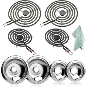 W10196406 W10196405 Chrome Drip Pan Set and Electric Range Burner Element Unit Set MP21YA MP15YA Fit for Am-ana whirl-pool Electric Range Stove-1 Year Warranty