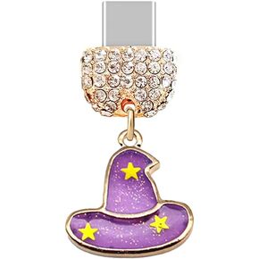 ELISE & FONDA TP289 Type-C USB Charging Port Crystal Anti Dust Plug Halloween Witch Hat Cell Phone Charm for Samsung/Huawei/OnePlus/Xiaomi/oppo Android Phones (Purple)