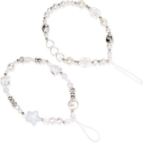 2pcs Beaded Camera Wrist Straps, Imitation Pearl And Crystal Beaded Phone Wristlet Chain Camera Charm Strap Phone Bracelet Strap Lanyard Decoration for Wallet Camera Keychain