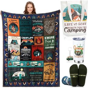5 Pcs Camping Gift Set Camping Stuff Camping Blanket Tote Bags 20 oz Stainless Steel Camping Cup Camping Socks Keychain for Camping Lover Gifts
