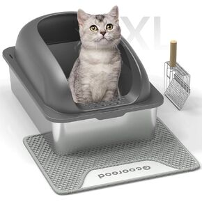 Stainless Steel Cat Litter Box- XL Extra Large Metal Cat Litter Box with High Sides for Big Cats and Kitty Include Scoop, Anti-Urine Leakage, Easy Cleaning