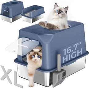 Stainless Steel Cat Litter Box with Lid, Open/Enclosed XL Extra Large Top Entry Metal Litter Box with Litter Scoop with mat, Non-Sticky, Easy to Clean, Anti-Urine Leakage, Gray