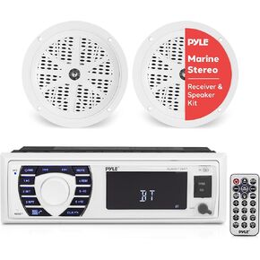 Pyle Marine Receiver & Speaker Kit - In-Dash LCD Digital Stereo Built-in Bluetooth & Microphone w/ AM FM Radio System 5.25’’ Waterproof Speakers (2) MP3/USB/SD Readers & Remote Control - PLMRKT36WT