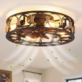 BUXVRCS 19.68'' Flush Mount Caged Ceiling Fan with Lights, Farmhouse Rustic Low Profile Ceiling Fans, 4-Light Vintage Enclosed Ceiling Fan Lighting Fixture Remote Control (Including 5 Bulbs) (White)