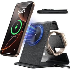 Wirless Charging Station for Apple MagSafe Charger, 3 in 1 MagSafe Charger Stand, Foldable iPhone Charging Station for iPhone 16 Pro Max/15/14, Wireless Charger for iWatch, AirPod. Travel Essentials