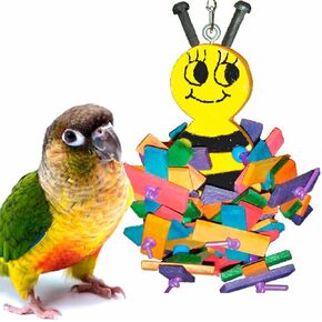 Super Bird Creations SB391 Sm. Buzbee Bird Toy for Parrotlets, Parakeets, Lovebirds, Cockatiel - Interactive Bee-Shaped Pine Block with Hanging Pine Wood Slices - Small/Medium Bird Size - 9" x 4" x 4"