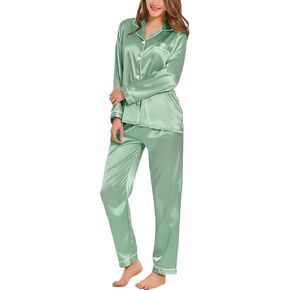 SWOMOG Womens Silk Satin Pajamas Loungewear Two-piece Sleepwear Button-Down Pj Set