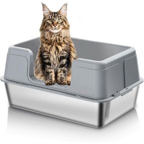 Stainless Steel Cat Litter Box, Extra Large Litter Box with Lid for Big Cats, Enclosed Metal Litter Pan with High Sides, Anti-Urine Leakag, Anti-Odor, Easy Cleaning, Include Scoop (Grey