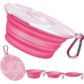 Collapsible Dog Bowl - Travel Dog Bowls with Lids & Carabiners, Portable Pet Bowls Silicone Feeding Watering Bowls Dish for Dogs Cats, 450ml/15oz Collapsable Doggy Bowl for Hiking Camping (Black Pink)