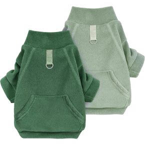 Idepet Fleece Dog Sweater 2 Pack, Winter Dog Clothes Turtleneck Dog Sweatshirt Pet Clothing Stretchy Small Dog Coat Cat Apparel with Leash Ring,Green,Dark Green,Small