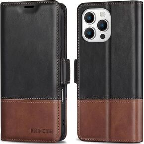 KEZiHOME Compatible with iPhone 16 Pro Max Wallet Case, Genuine Leather Case Flip Cover, RFID Blocking Card Holder Magnetic Stand Folio Phone Case for iPhone 16 Pro Max 5G 6.9 inch (Black/Brown)