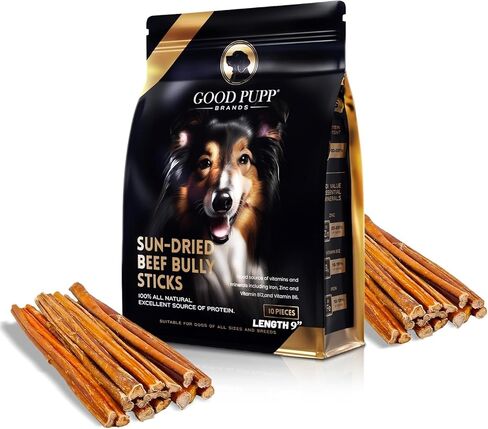 The Good Pupp أعواد لحم بقري طبيعية 100% للكلاب - 22.86 سم، مجففة بالشمس، أعواد خشنة، مضغ كبير للكلاب، خالية من الجلود الخام (10 عبوات) in Kuwait