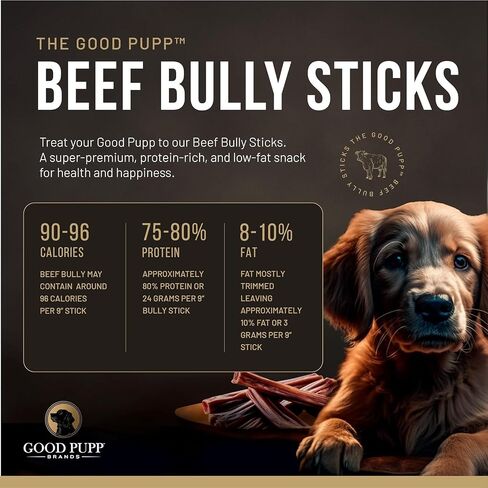 The Good Pupp أعواد لحم بقري طبيعية 100% للكلاب - 22.86 سم، مجففة بالشمس، أعواد خشنة، مضغ كبير للكلاب، خالية من الجلود الخام (10 عبوات) in Kuwait