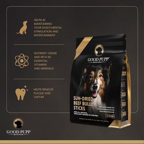 The Good Pupp أعواد لحم بقري طبيعية 100% للكلاب - 22.86 سم، مجففة بالشمس، أعواد خشنة، مضغ كبير للكلاب، خالية من الجلود الخام (10 عبوات) in Kuwait