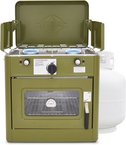 Hike Crew Outdoor Gas Camping Oven w/Carry Bag | CSA Approved Portable Propane-Powered 2-Burner Stove & Oven | Auto Ignition, Overheat Safety Shutoff, Built-In Thermometer | Hose & Regulator Included in Saudi Arabia