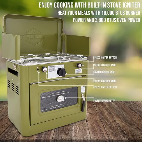 Hike Crew Outdoor Gas Camping Oven w/Carry Bag | CSA Approved Portable Propane-Powered 2-Burner Stove & Oven | Auto Ignition, Overheat Safety Shutoff, Built-In Thermometer | Hose & Regulator Included in Saudi Arabia