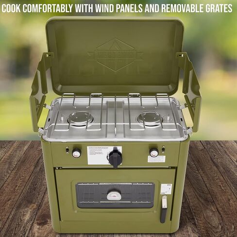 Hike Crew Outdoor Gas Camping Oven w/Carry Bag | CSA Approved Portable Propane-Powered 2-Burner Stove & Oven | Auto Ignition, Overheat Safety Shutoff, Built-In Thermometer | Hose & Regulator Included in Saudi Arabia