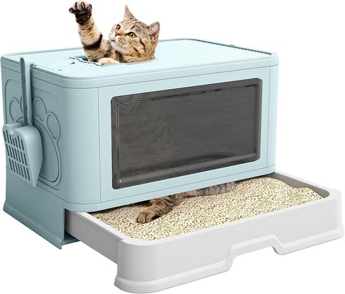 DWVO Enclosed Cat Litter Box with Lid, Two-Way Entry/Exit, Slide-Out Tray with High Edges, Litter Scoop, Self-Groomer, and Deodorizer Filter, Blue - 19" L x 15" W x 15" H in Saudi Arabia