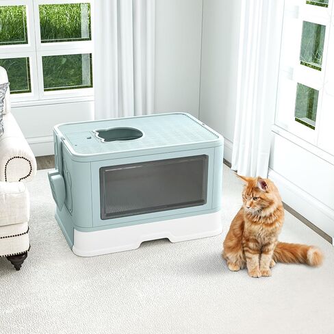 DWVO Enclosed Cat Litter Box with Lid, Two-Way Entry/Exit, Slide-Out Tray with High Edges, Litter Scoop, Self-Groomer, and Deodorizer Filter, Blue - 19" L x 15" W x 15" H in Saudi Arabia