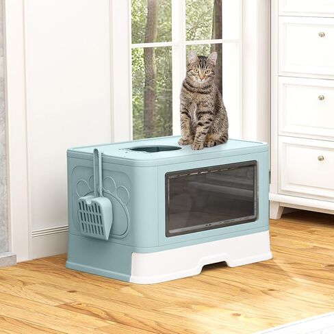 DWVO Enclosed Cat Litter Box with Lid, Two-Way Entry/Exit, Slide-Out Tray with High Edges, Litter Scoop, Self-Groomer, and Deodorizer Filter, Blue - 19" L x 15" W x 15" H in Saudi Arabia