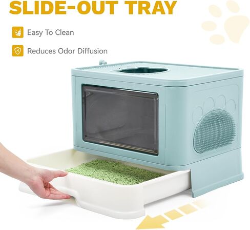 DWVO Enclosed Cat Litter Box with Lid, Two-Way Entry/Exit, Slide-Out Tray with High Edges, Litter Scoop, Self-Groomer, and Deodorizer Filter, Blue - 19" L x 15" W x 15" H in Saudi Arabia