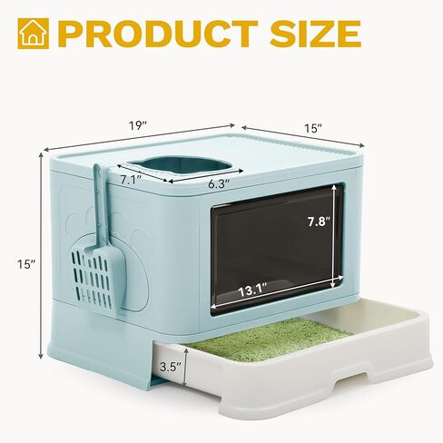 DWVO Enclosed Cat Litter Box with Lid, Two-Way Entry/Exit, Slide-Out Tray with High Edges, Litter Scoop, Self-Groomer, and Deodorizer Filter, Blue - 19" L x 15" W x 15" H in Saudi Arabia