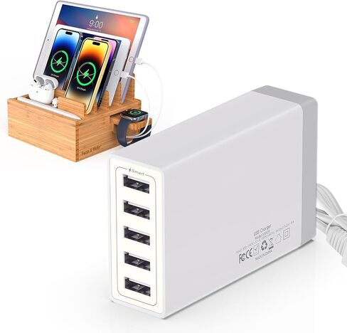 قاعدة شحن من الخيزران مع شاحن USB بخمسة منافذ و5 كابلات - الخيزران الطبيعي in Kuwait