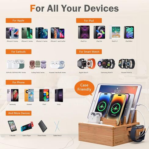 قاعدة شحن من الخيزران مع شاحن USB بخمسة منافذ و5 كابلات - الخيزران الطبيعي in Kuwait
