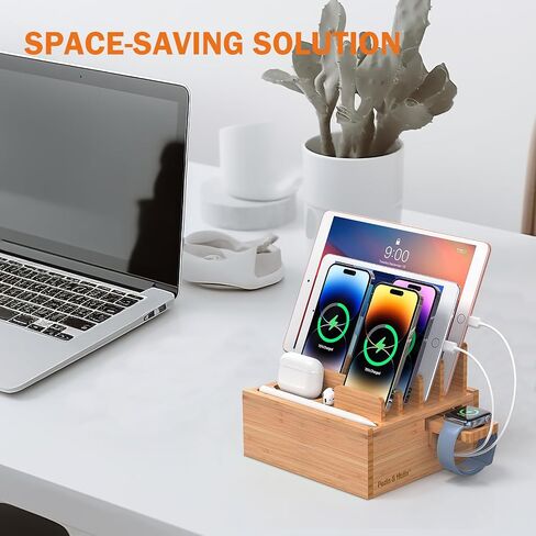 قاعدة شحن من الخيزران مع شاحن USB بخمسة منافذ و5 كابلات - الخيزران الطبيعي in Kuwait