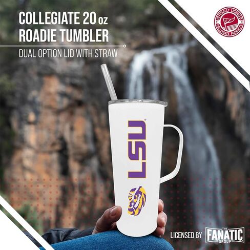 Campus Colors NCAA Stainless Steel 20oz Roadie With Handle & Dual Option Lid With Straw - Officially Licensed Tumbler (Alabama Crimson Tide - White) in Saudi Arabia