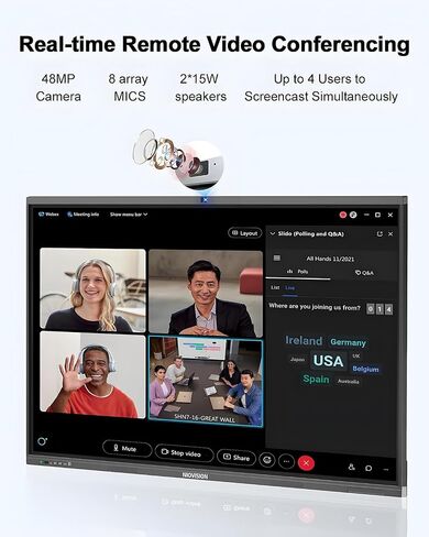 لوحة ذكية NIOVISION H2 مع حامل على الحائط - سبورة بيضاء إلكترونية مقاس 65 بوصة مدمجة بكاميرا بدقة 48 ميجابكسل و8 ميكروفونات مصفوفة - سبورة بيضاء رقمية للفصل الدراسي والعرض التقديمي والتعليقات التوضيحية ومشاركة الشاشة in Saudi Arabia