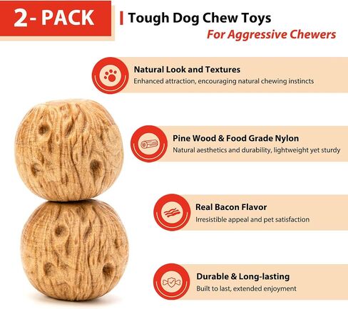 2-Pack Tough Dog Toys for Aggressive Chewers Pine Wood and Nylon Dog Toys for Large Dogs Real Bacon Indestructible Dog Toys to Keep Them Busy in Saudi Arabia