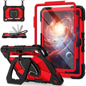for iPad 10th Generation Case 10.9 Inch, Heavy Duty iPad Case 10th Generation with 360° Rotating Stand Screen Protector Pen Holder Shoulder Strap for iPad 10th Gen 2022 Release, Black Red