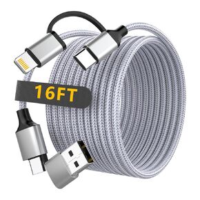 USB C Cable, 4-in-1 Extra Long USB-C Lightning Cable (16ft), 60W USB C Cable Lightning Cable Fast Charging Cable, USB A/C to Type C/Lightning Fast Charging for iPhone 16/15/14/13/12, Android, Sumsang