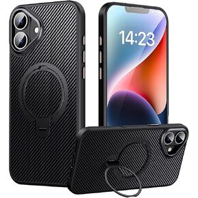 Case for iPhone 16, Compatible with MagSafe, [Built-in 360° Spin Magnetic Stand] Military Grade Shockproof Gen-5 Aramid Fiber Case Protective Cover for iPhone 16 6.1 Inch, Black/Silver