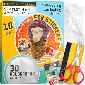 Holographic Sticker Paper - Self Adhesive, Transparent Holographic Laminating Sheets, 9 x 11.5 Inches, 4 Mil Thick, 10 Pack - Perfect for DIY Crafts and Waterproof Stickers