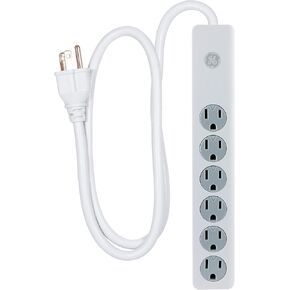 GE 6-Outlet Surge Protector, 3 Ft Extension Cord, Power Strip, Twist to Close Outlets, 450 Joules, Heavy Duty Plug, UL Listed, White, 14089