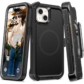 for iPhone 15 Plus Case & iPhone 14 Plus Case Belt Clip Holster [Snap to Magsafe] Military Grade [Dropproof] [ Shockproof] Heavy Duty Protection Kickstand Magnetic Phone Case 6.7" Dark Black