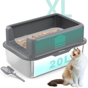 صندوق فضلات القطط مقاس XL، صندوق فضلات من الفولاذ المقاوم للصدأ مع غطاء، صندوق فضلات كبير للقطط الكبيرة، صندوق فضلات كبير للغاية مع جوانب عالية الجدار، غير لاصق، مقاوم للصدأ، سهل التنظيف، يتضمن مغرفة فضلات