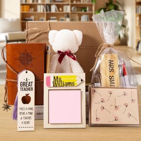 12 PCS Personalized Teacher Appreciation Gifts in Bulk - Teacher Desk Name Gifts with 4 Sticky Note Pad Holders & 4 Bookmarks & 4 Bamboo Pens & 2 DIY Letter Stickers