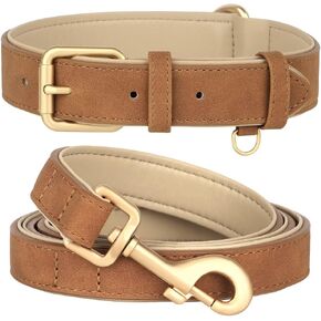 Beirui Soft Padded Leather Dog Collar and Leash Set, Heavy Duty Dog Leash and Collar Set with Metal Buckle, Breathable Dog Collars with 4FT Leather Dog Leash for Small Dogs(Blue, Neck 10-13")