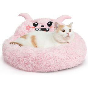 Hollypet Self-Warming Donut Pet Bed Luxury Cozy Nest Monster Sleeping Bed Round Faux Fur Bed for Cats, Pink