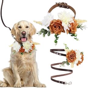 Dog Wedding Outfit Dog Flower Collar Dog Leather Collar Leather Dog Collar Vintage Dog Collar with Leash Adjustable Dog Flower Collar Pet Collar Decor Dog Wedding Attire Decoration